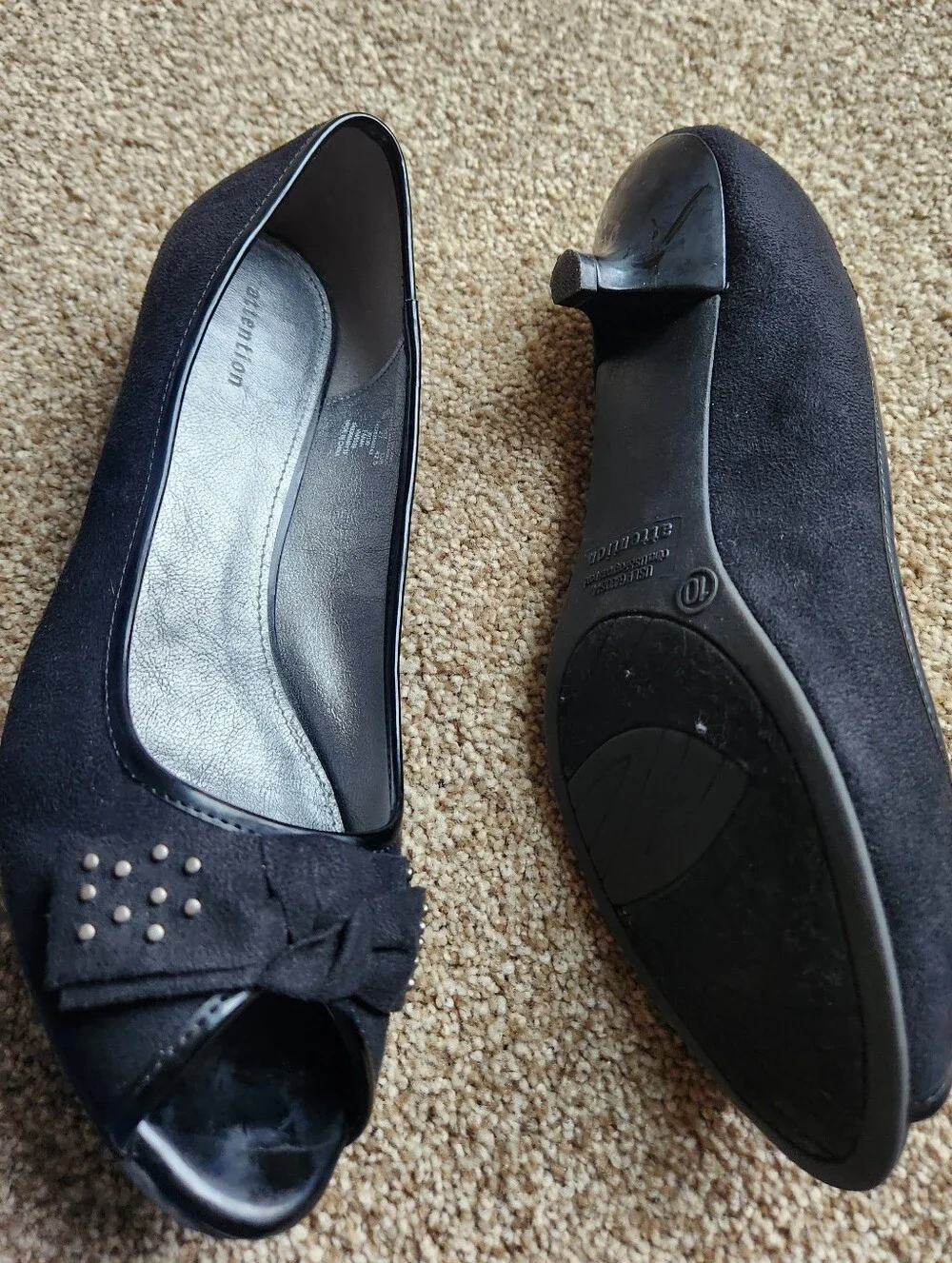 Farah Black Peep-Toe Suede Look Heels with Bow & Stud Accent - Women Size 10